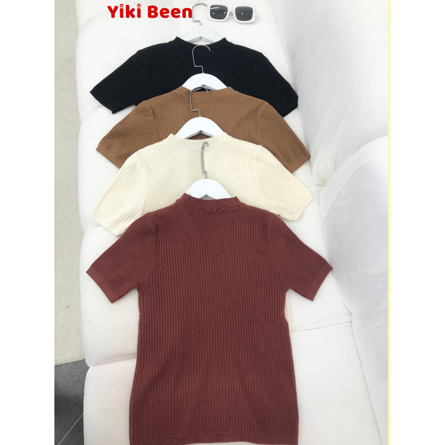 Áo len dệt kim tay ngắn YIKI BEEN áo cộc tay nữ cổ tròn, len ngắn Hàn Quốc giá rẻ freesize