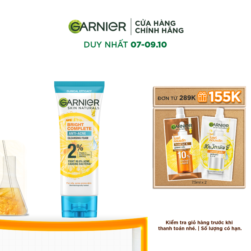 Sữa rửa mặt 3-trong-1 giảm mụn & sáng da Garnier Bright Complete Anti-Acne Foam 100ml