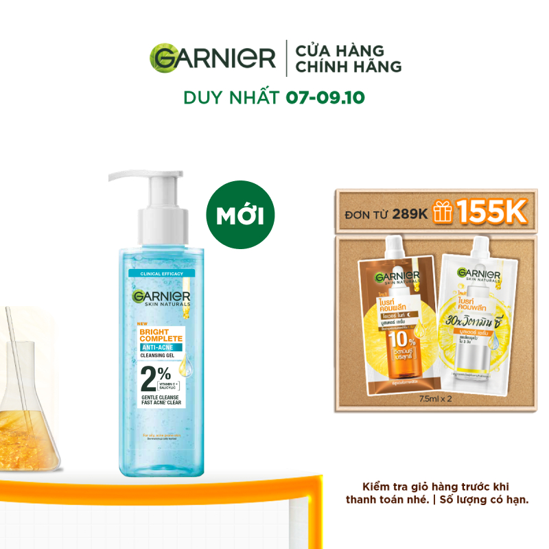 Sữa rửa mặt dạng gel sạch thoáng dịu nhẹ Garnier 2% [BHA, Vitamin C] cho da dầu mụn 120ml