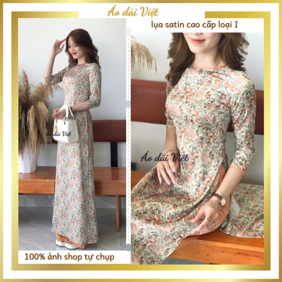 Áo dài hoa nhí truyền thống giáo viên công sở may sẵn màu cam lụa SATIN loại I