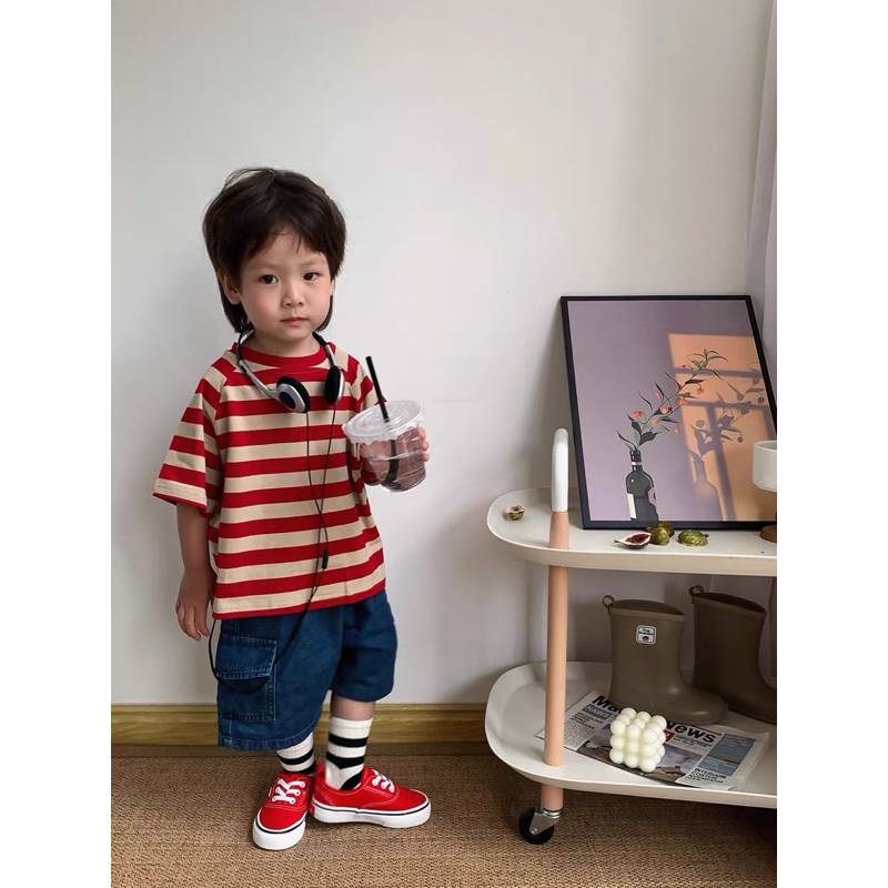 Áo cotton kẻ ngang form rộng Hàn Quốc dành cho bé gái bé trai size 80-130