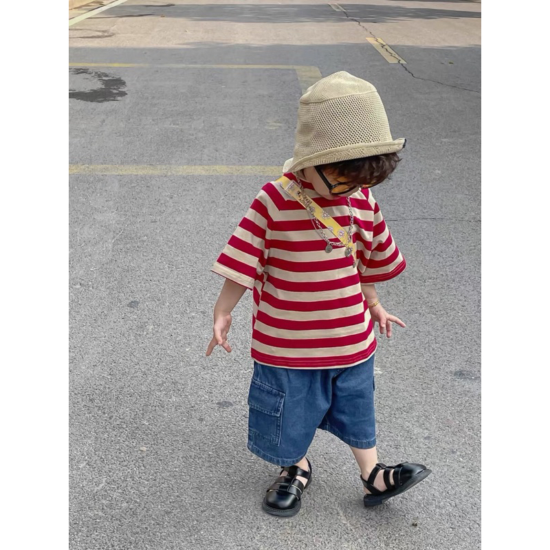 Áo cotton kẻ ngang form rộng Hàn Quốc dành cho bé gái bé trai size 80-130