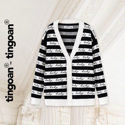 TINGOAN® - Áo khoác cardigan len xù đen viền trắng BABY BABY CARDIGAN/BL --WH