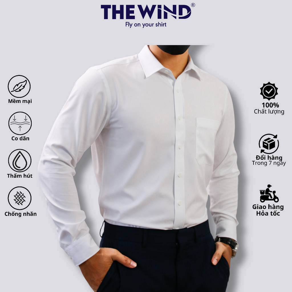Áo sơ mi trắng nam tay dài chống nhăn THE WIND vải nano mềm mịn thoáng mát AR23150DT