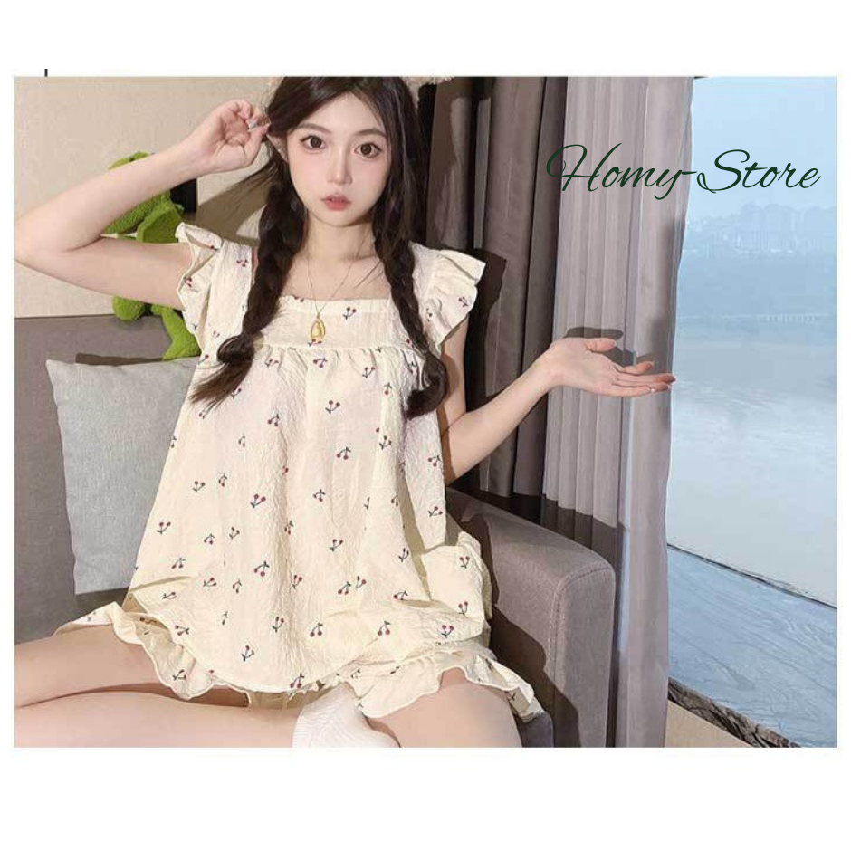 Đồ bộ nữ hai dây mặc nhà thoáng mát, đồ ngủ nữ vải đũi, với thiết kế bèo nhún bắt mắt