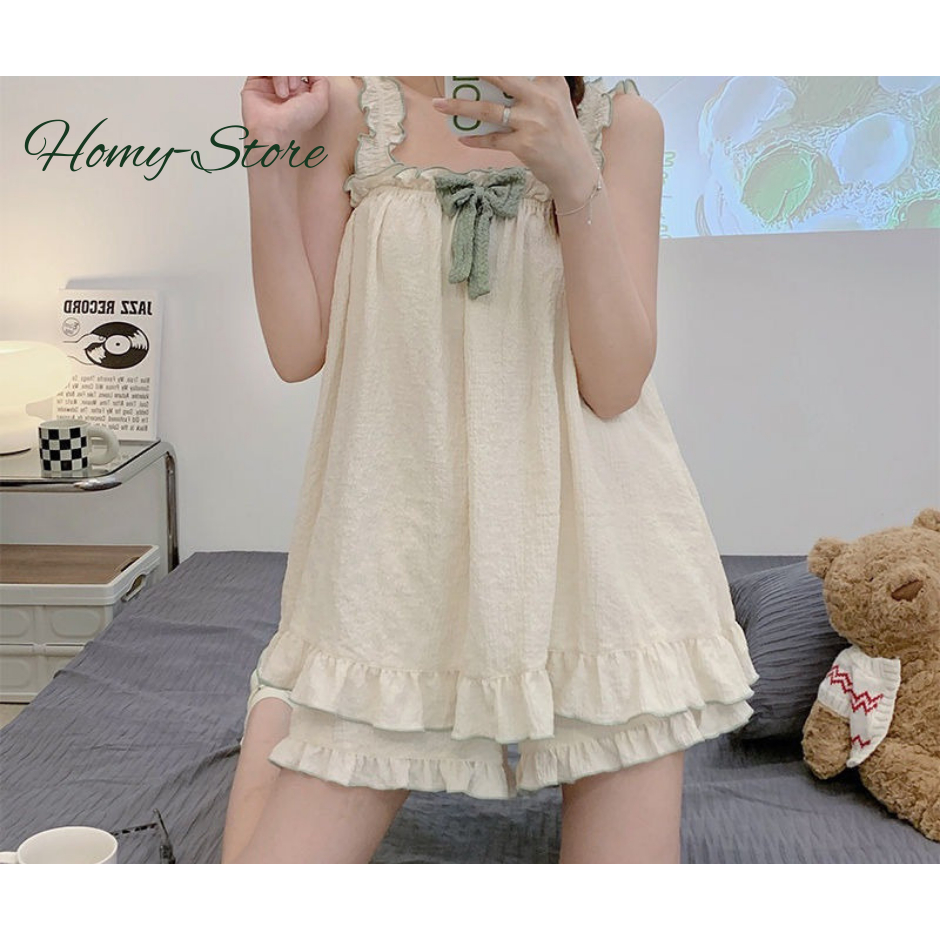 Đồ bộ nữ hai dây mặc nhà thoáng mát, đồ ngủ nữ vải đũi, với thiết kế bèo nhún bắt mắt