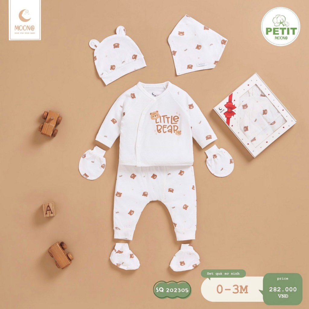 SET QUÀ HỘP GIẤY KRAFT MOONA (Bộ quần áo, bao tay chân, mũ, yếm) Petit cho bé 0-3M