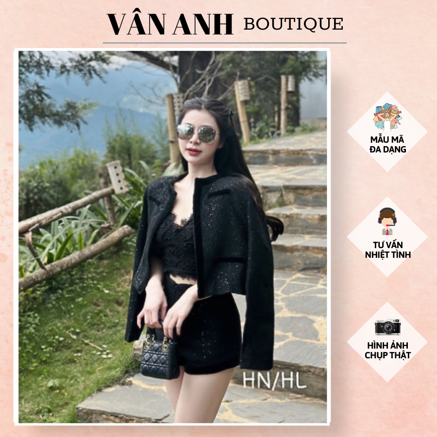 Set áo dạ sweet dài tay, đính kim sa sang chảnh kèm quần short ngắn, đi chơi dư tiệc siêu sang