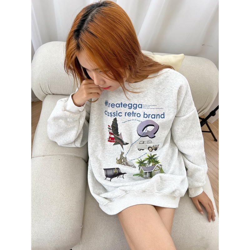 Áo Sweater Nỉ Bông Fom Rộng Unisex In Hoạ Tiết Mèo Dành Cho Nữ