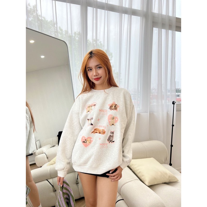 Áo Sweater Nỉ Bông Fom Rộng Unisex In Hoạ Tiết Mèo Dành Cho Nữ