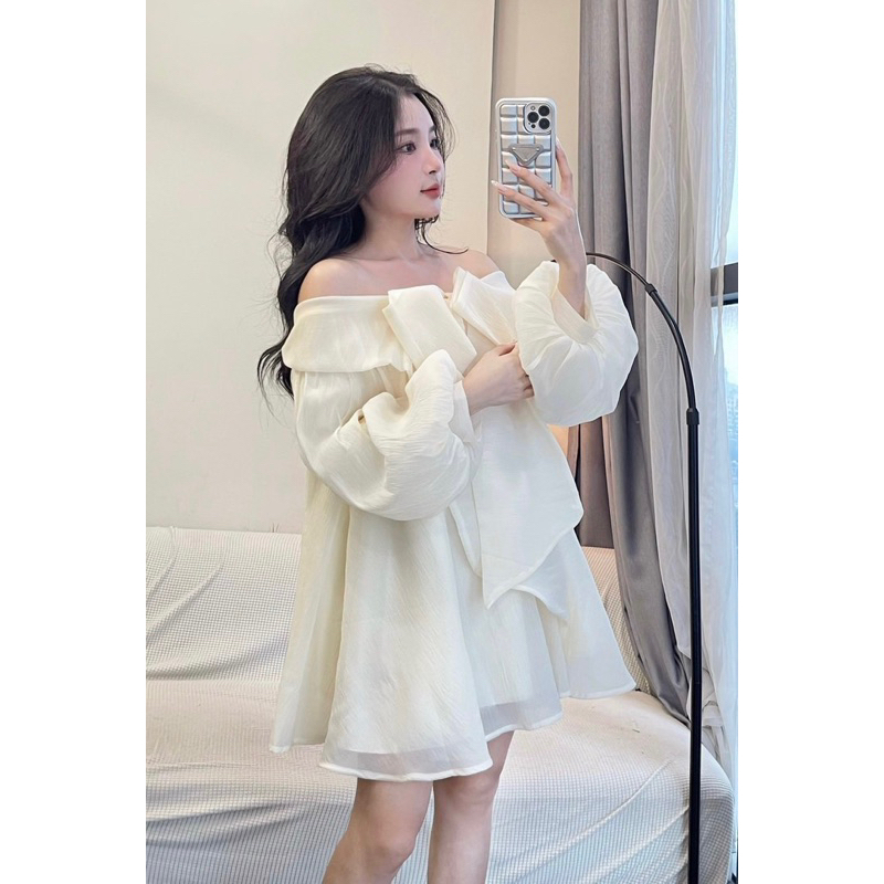 Mona Dress - Đầm váy babydoll trễ vai thắt nơ to tay bồng xoè 2 lớp