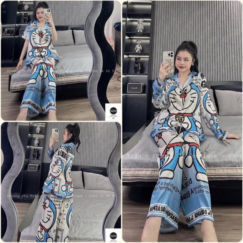 Đồ bộ Pyjama nữ in 5D Doraemon xanh lụa xước Sam cao cấp