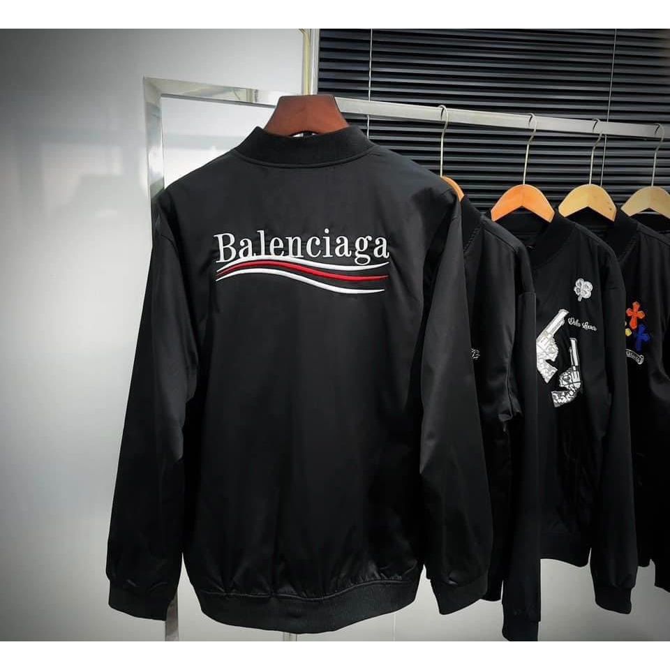 Áo khoác bomber zip nam nữ Balen vải gió thêu chữ 3 sọc kẻ trắng đỏ hai mặt phối chun rút viền tay