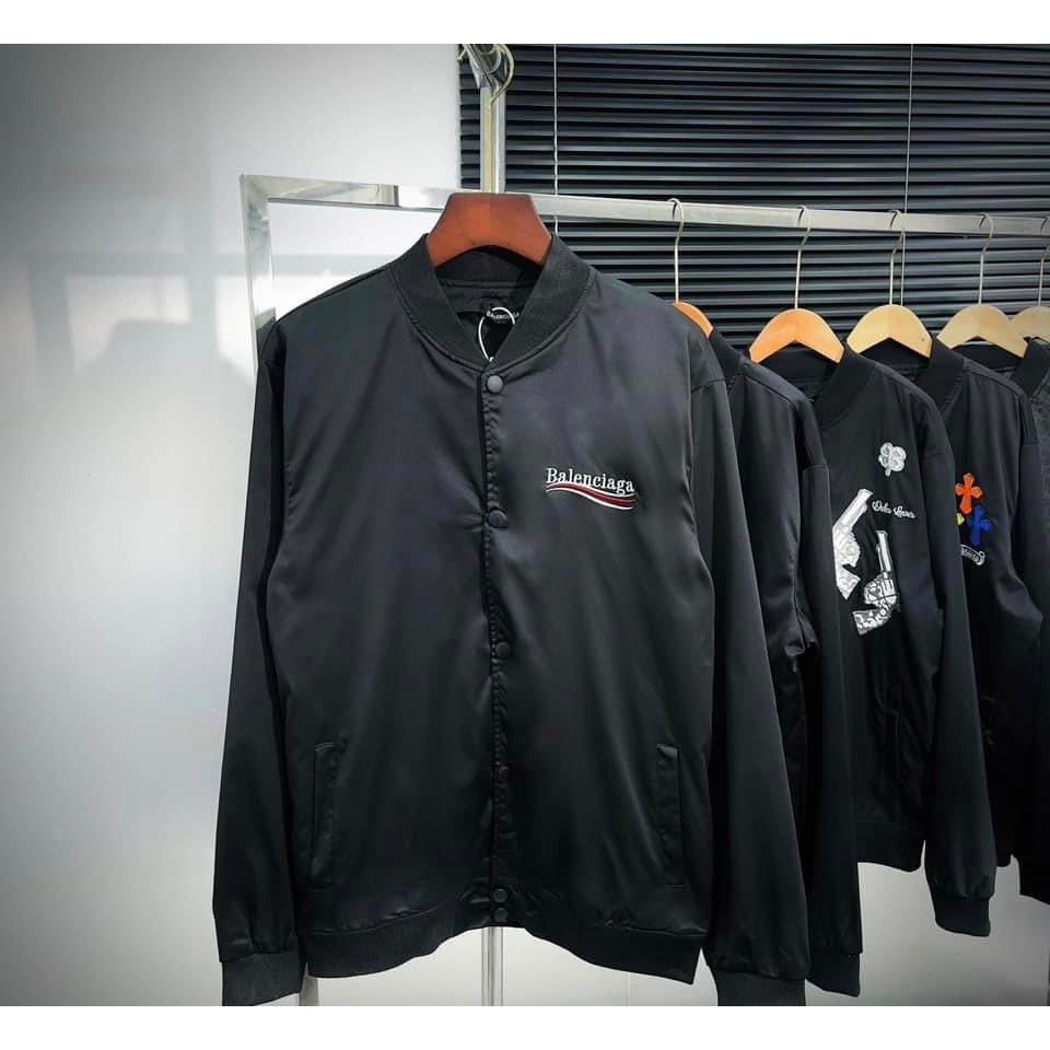 Áo khoác bomber zip nam nữ Balen vải gió thêu chữ 3 sọc kẻ trắng đỏ hai mặt phối chun rút viền tay