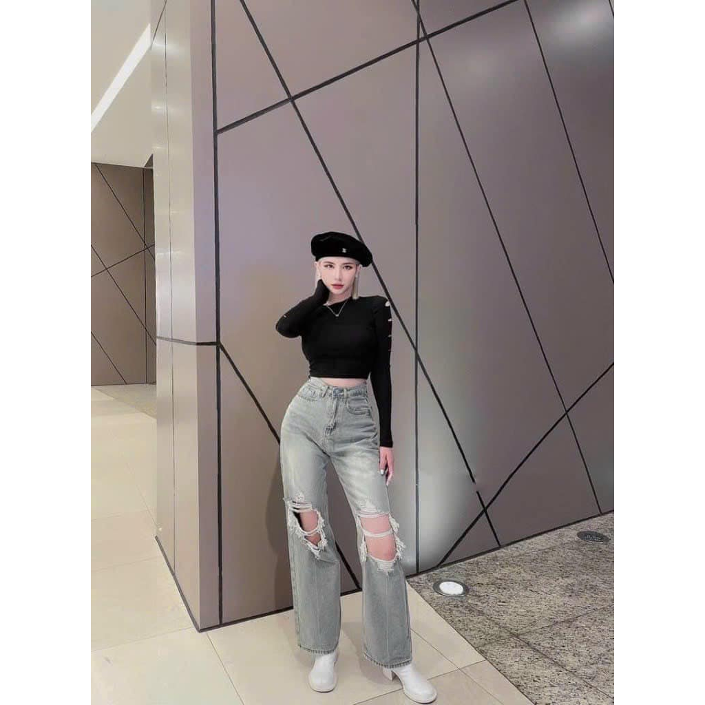 Áo tăm  mềm croptop RÁCH tay 2 màu dài tay hót