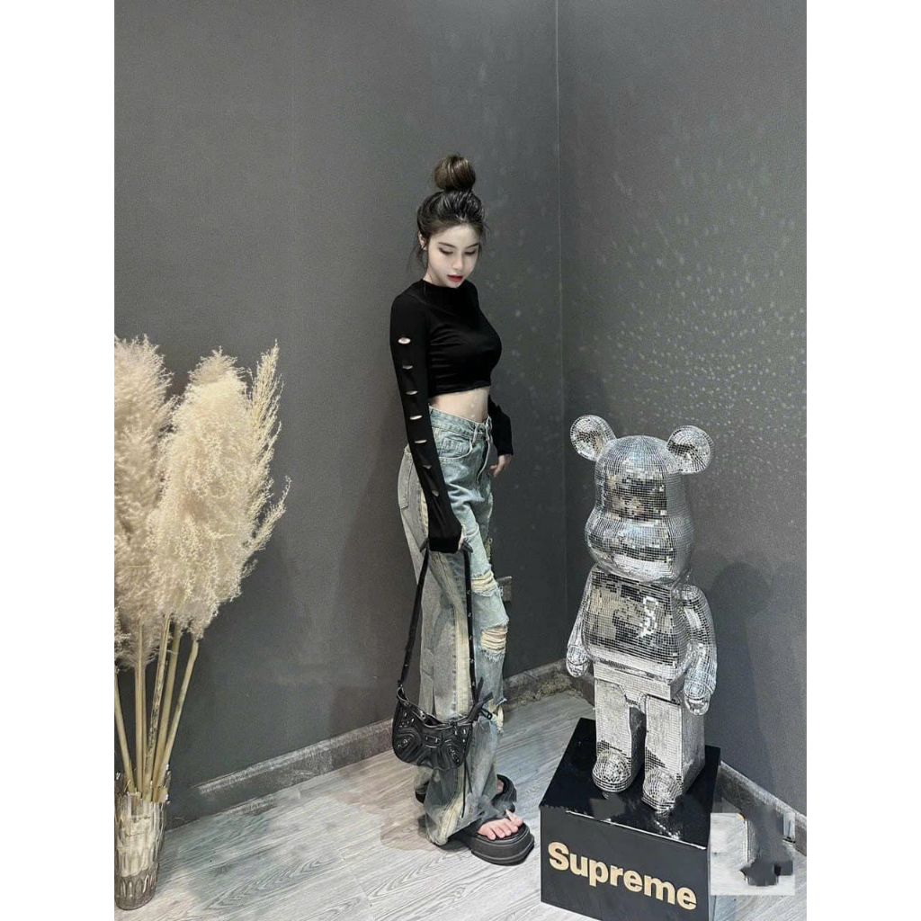 Áo tăm  mềm croptop RÁCH tay 2 màu dài tay hót