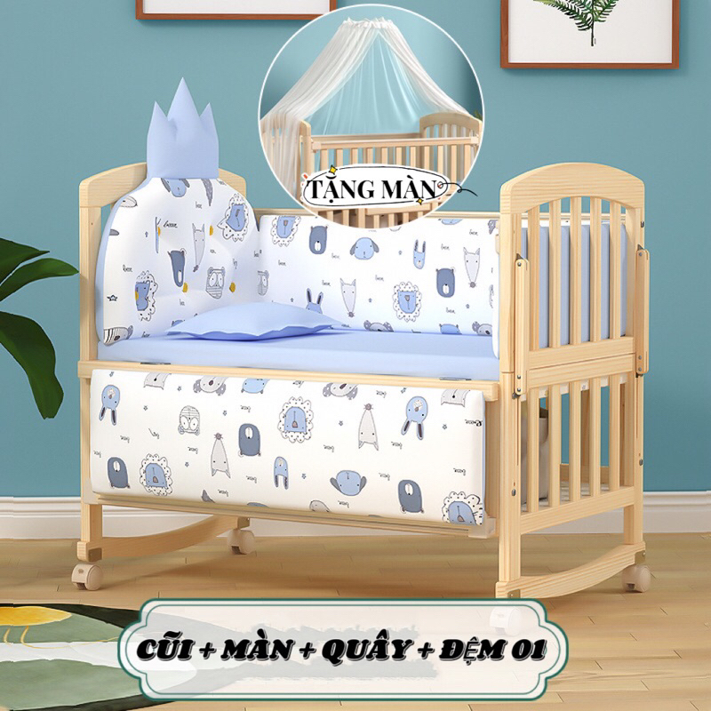 CŨI+MÀN+QUÂY+NỆM+GỐI FULL SET CŨI GỖ - NÔI GỖ CHO BÉ 2 TẦNG 6in1 -Tuti.baby