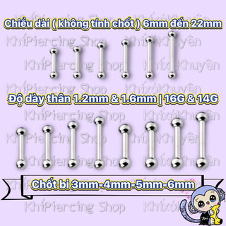( 1 Chiếc ) Khuyên dài đeo : Khuyên Lưỡi , Khuyên Má . Khuyên tai indus tách rời . kiểu cơ bản 2 chốt bi *  (Link 1/2)