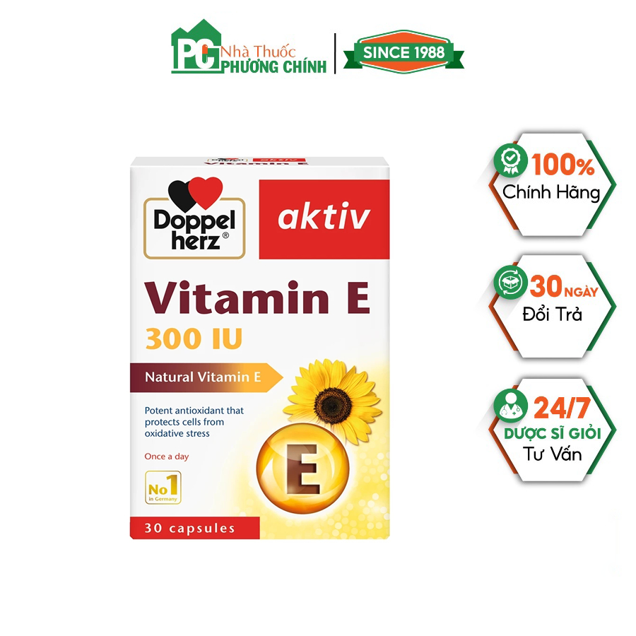 Doppelherz Vitamin E 300IU - Giúp Làm Đẹp Da, Ngăn Ngừa Lão Hóa (Hộp 30 Viên)