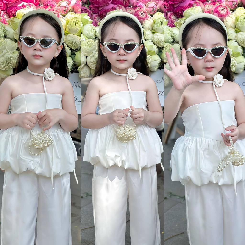 Set Áo Quây Peplum Xoè Phồng Bí, Quần Suông Dài kèm choker hoa trà