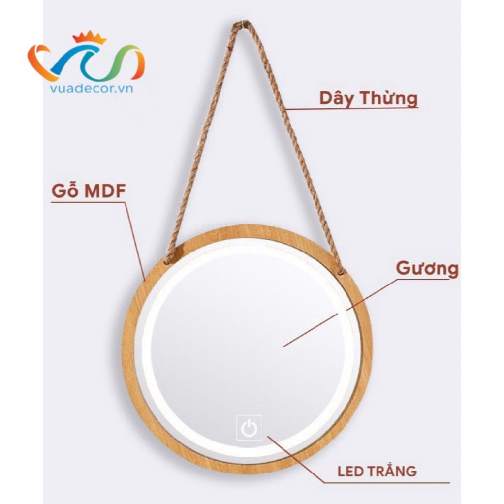 Gương Tròn Treo Tường VUADECOR khung gỗ led cảm ứng phun cat cao cấp nhiều kích thước (tặng dây thừng và đinh treo)