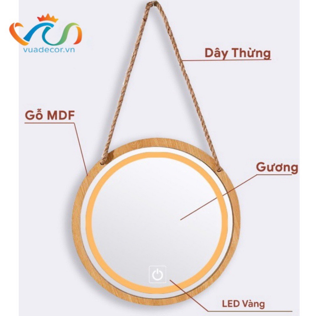 Gương Tròn Treo Tường VUADECOR khung gỗ led cảm ứng phun cat cao cấp nhiều kích thước (tặng dây thừng và đinh treo)