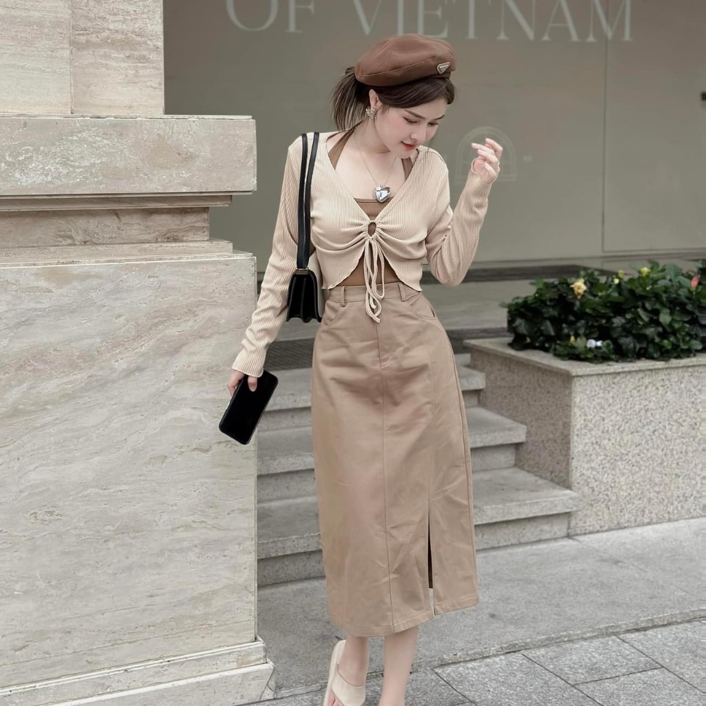 Sét váy áo croptop, áo kiểu yếm mix chân váy chữ A. Sét váy 3 món sang chảnh cho các nàng siện đi chơi, dự tiệc.