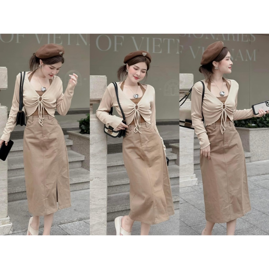 Sét váy áo croptop, áo kiểu yếm mix chân váy chữ A. Sét váy 3 món sang chảnh cho các nàng siện đi chơi, dự tiệc.