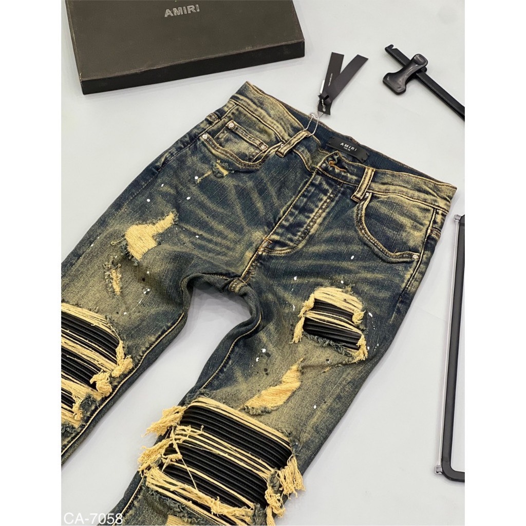 Quần Bò Vẩy Sơn Amiri Xanh Loang Vàng Lót Da Chất Co Giãn Quần Jean nam xanh bụi vá da nhăn
