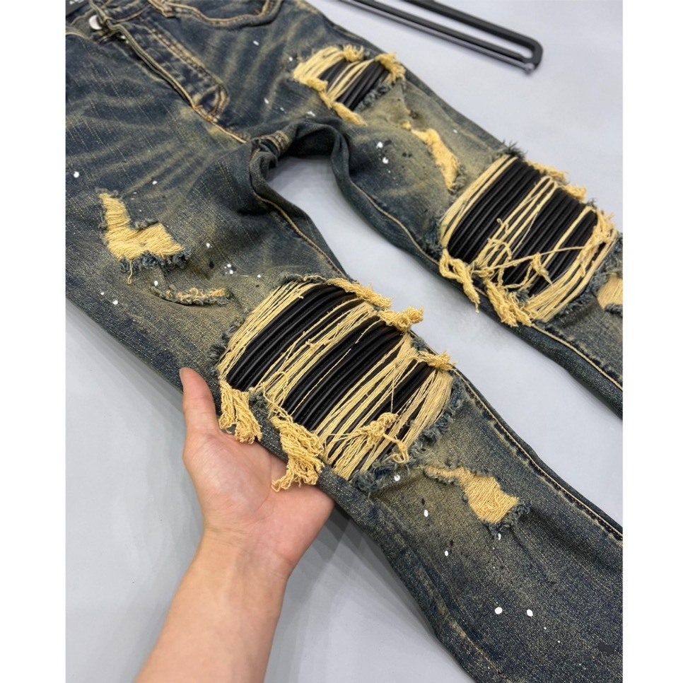 Quần Bò Vẩy Sơn Amiri Xanh Loang Vàng Lót Da Chất Co Giãn Quần Jean nam xanh bụi vá da nhăn