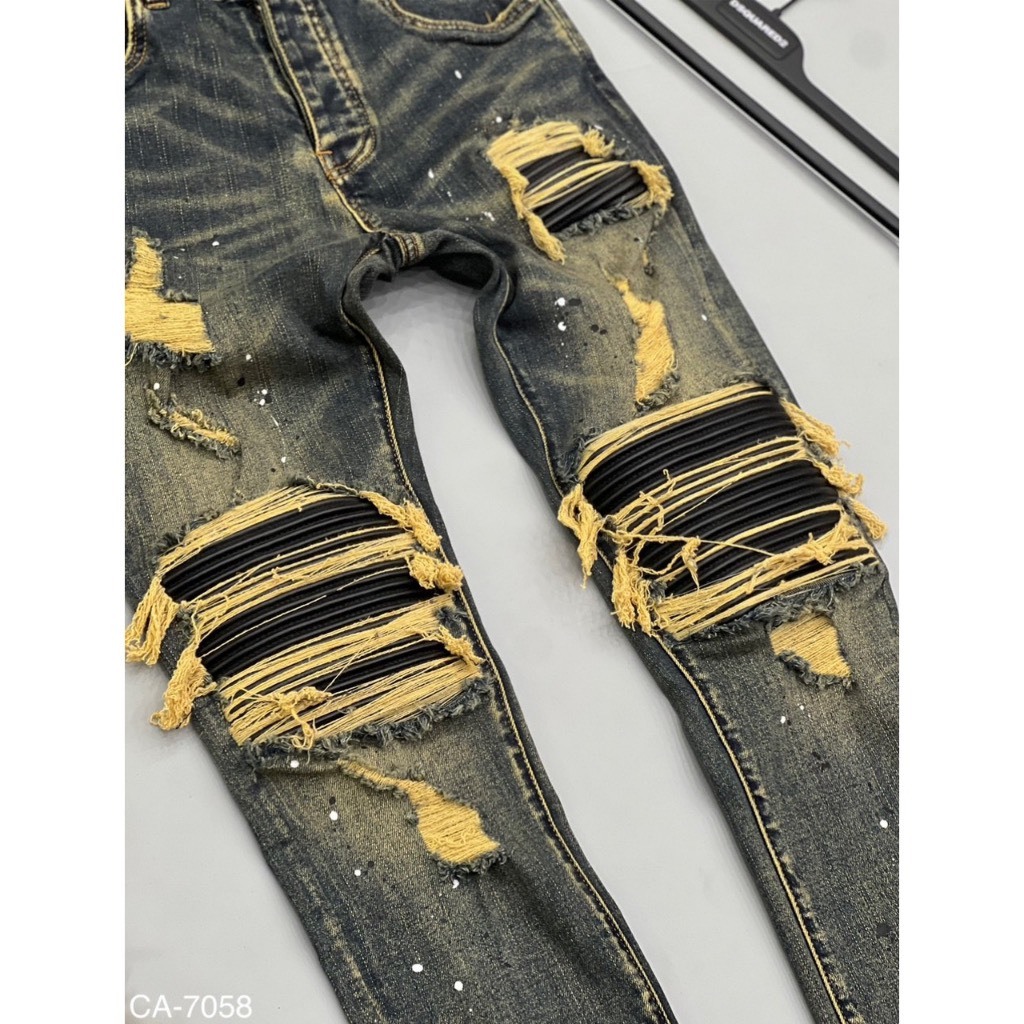 Quần Bò Vẩy Sơn Amiri Xanh Loang Vàng Lót Da Chất Co Giãn Quần Jean nam xanh bụi vá da nhăn
