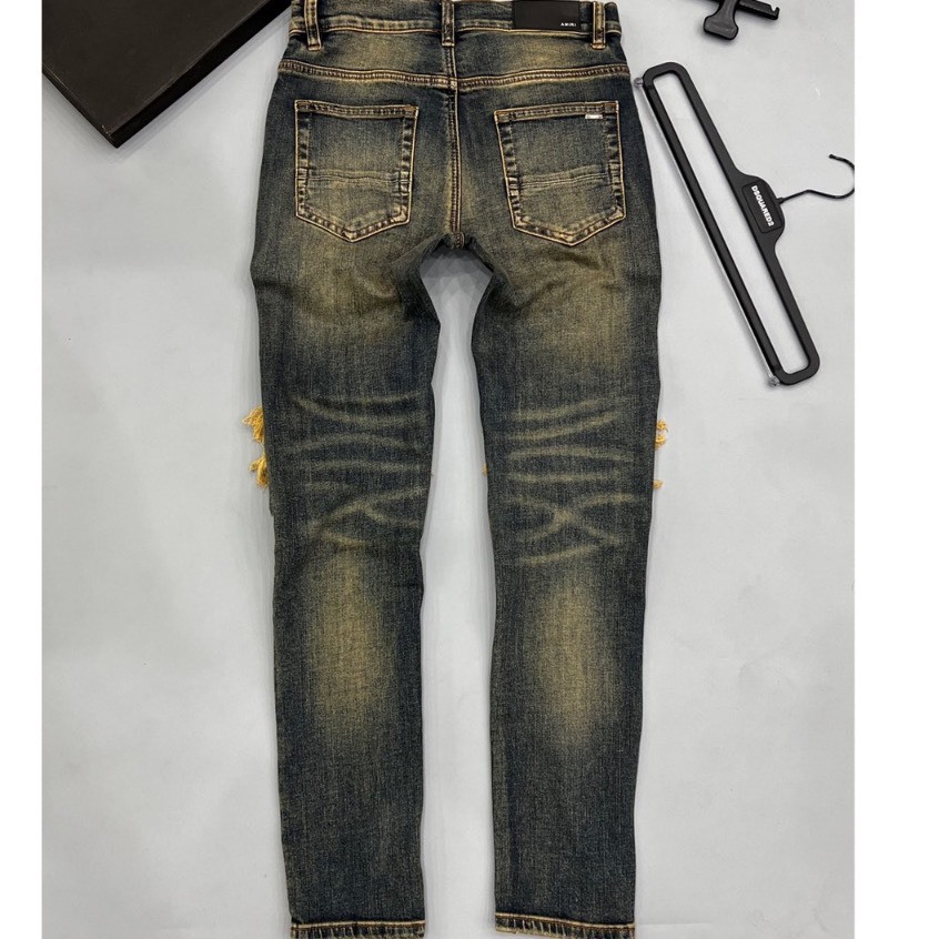 Quần Bò Vẩy Sơn Amiri Xanh Loang Vàng Lót Da Chất Co Giãn Quần Jean nam xanh bụi vá da nhăn