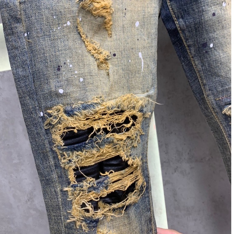 Quần Bò Vẩy Sơn Amiri Xanh Loang Vàng Lót Da Chất Co Giãn Quần Jean nam xanh bụi vá da nhăn