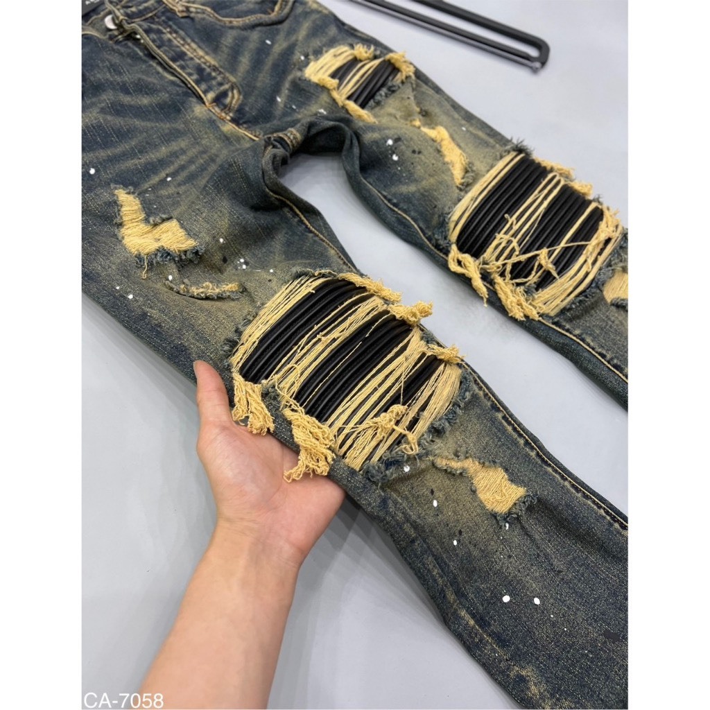 Quần Bò Vẩy Sơn Amiri Xanh Loang Vàng Lót Da Chất Co Giãn Quần Jean nam xanh bụi vá da nhăn