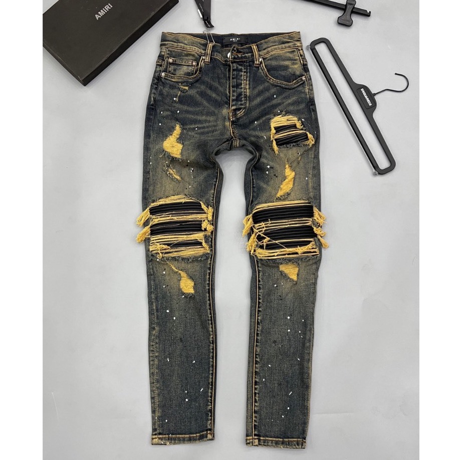 Quần Bò Vẩy Sơn Amiri Xanh Loang Vàng Lót Da Chất Co Giãn Quần Jean nam xanh bụi vá da nhăn