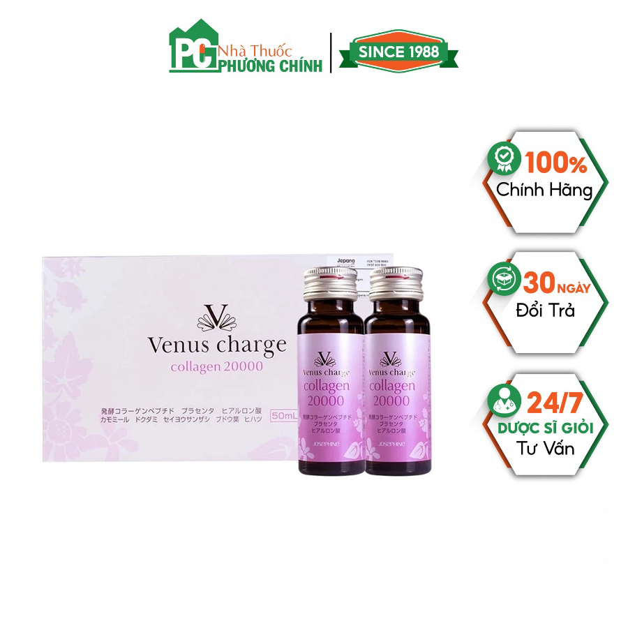 Venus Charge Collagen 20000 - Collagen Nước Giúp Da Căng Bóng, Mịn Màng (Hộp 10 Chai)