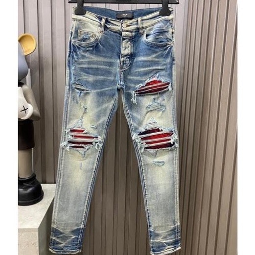 Quần Bò 4 Khuy Xanh Khói Gối Vá Phối Ống Loang Quần Jean bò nam slimfit wash xanh khói rách xước Hót 2023