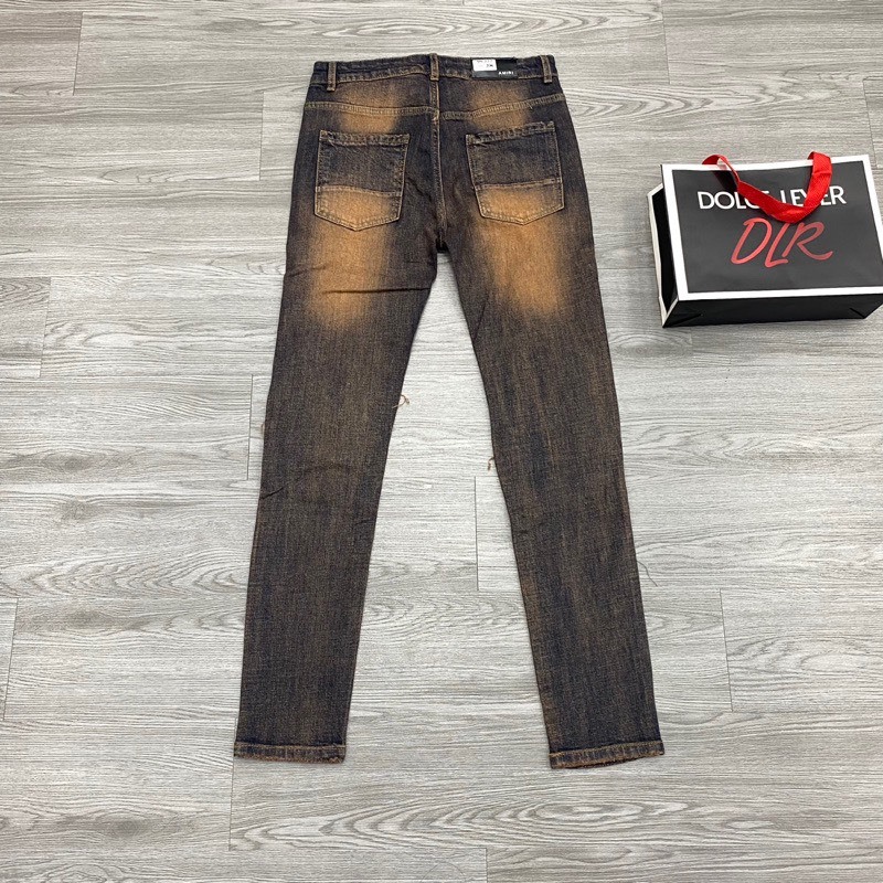 Quần Jean Amiri 4 Cúc Like Au Màu Nâu Đất Tua Vàng Lót Da,Quần bò Amiri vá da nhăn cứng 4 khuy chất Boy phố