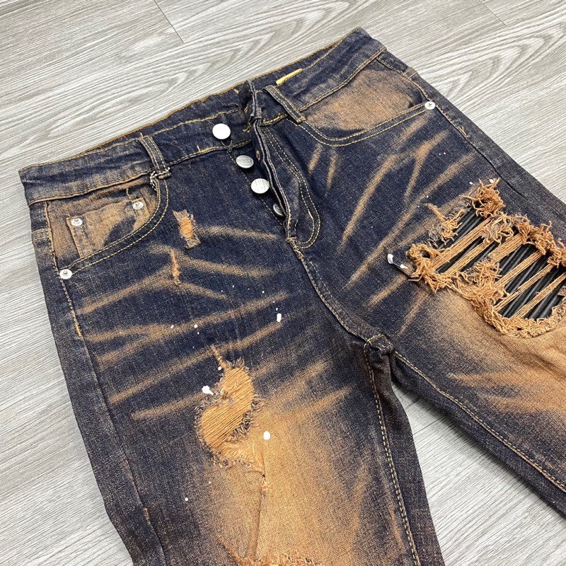 Quần Jean Amiri 4 Cúc Like Au Màu Nâu Đất Tua Vàng Lót Da,Quần bò Amiri vá da nhăn cứng 4 khuy chất Boy phố