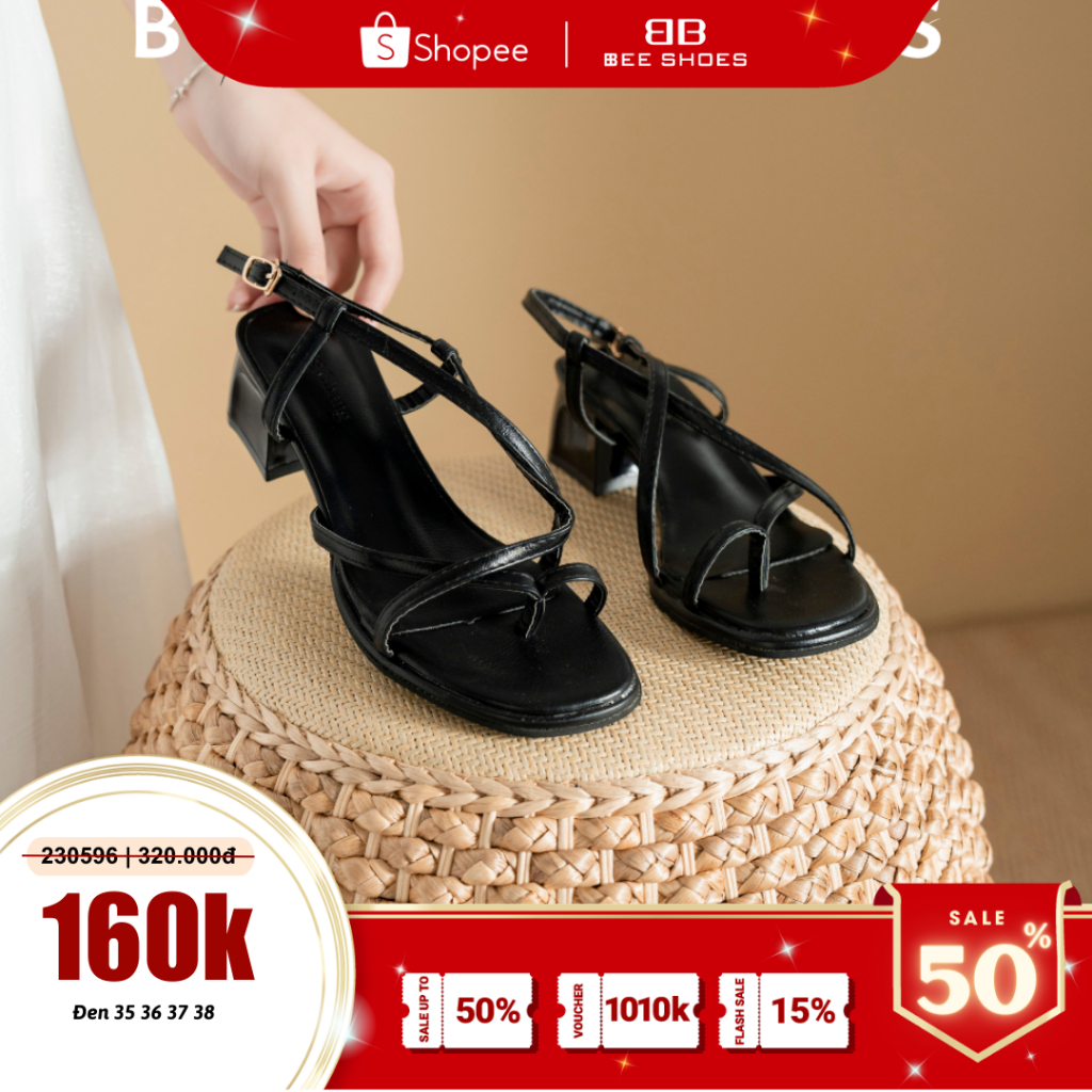 SANDAL NỮ BEESHOES MŨI VUÔNG - SANDANL NỮ MŨI VUÔNG GÓT VUÔNG 5 PHÂN SẴN MÀU ĐEN KEM 230596