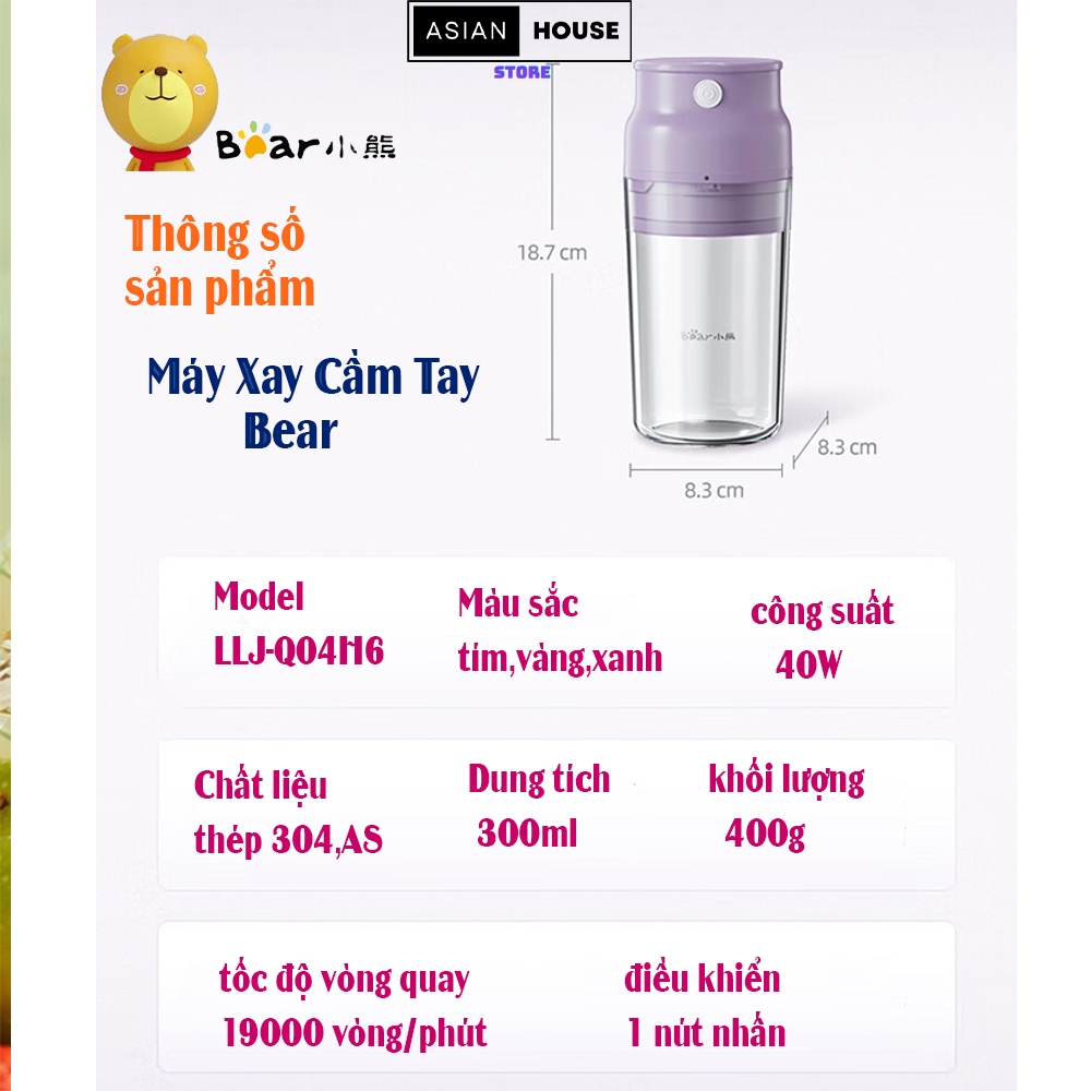 Máy Xay Sinh Tố Cầm Tay Bear LLJ-Q04H6 Pin Sạc Dung Tích 300ML Bảo Hành 12 Tháng