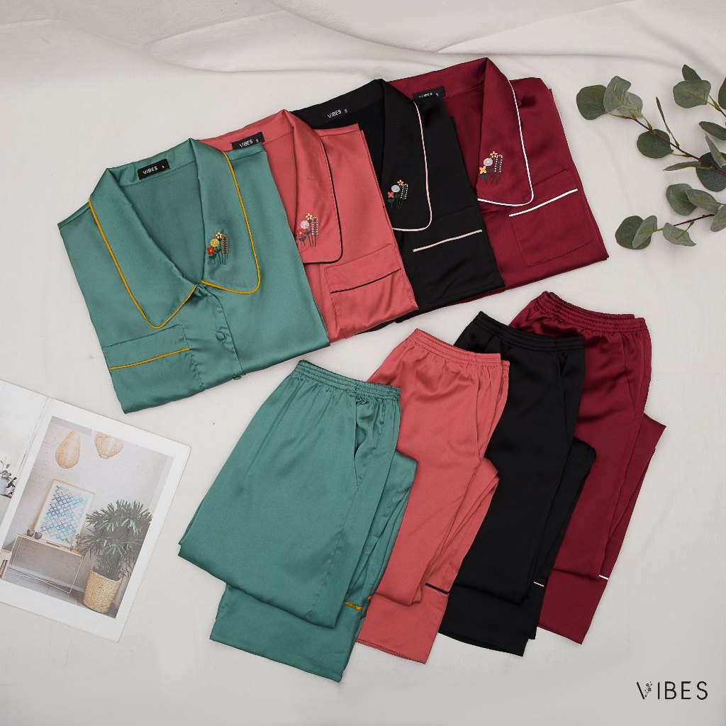 VIBES Đồ bộ Pijama dài tay Lụa trơn cao cấp Bean Long Sleeve Py Set