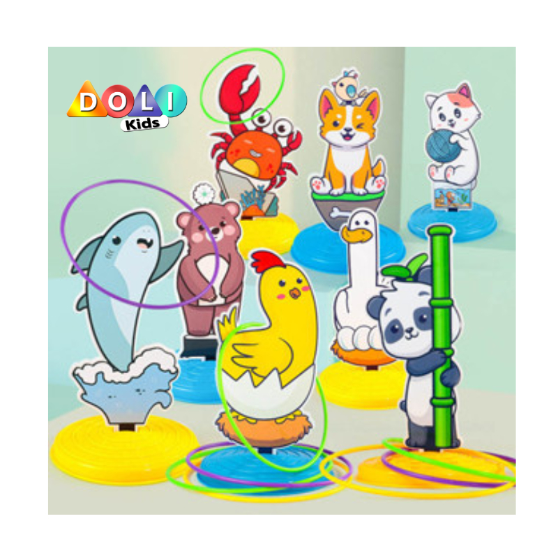 Đồ chơi ném vòng chóp hình con vật ngộ nghĩnh, game ném vòng cổ chai cho bé vận động tay mắt linh hoạt Doli Kids
