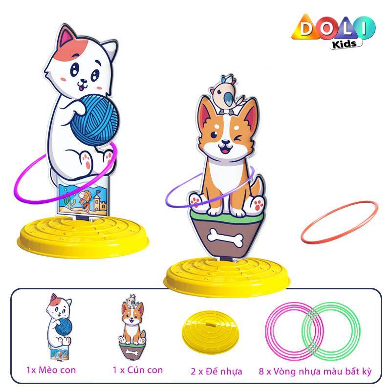 Đồ chơi ném vòng chóp hình con vật ngộ nghĩnh, game ném vòng cổ chai cho bé vận động tay mắt linh hoạt Doli Kids