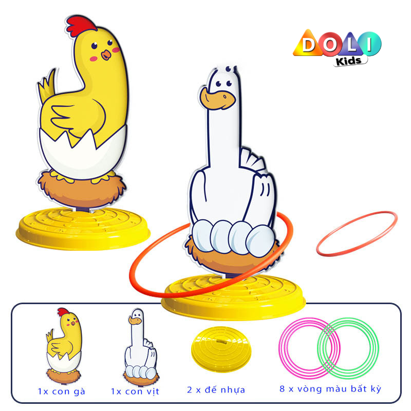 Đồ chơi ném vòng chóp hình con vật ngộ nghĩnh, game ném vòng cổ chai cho bé vận động tay mắt linh hoạt Doli Kids