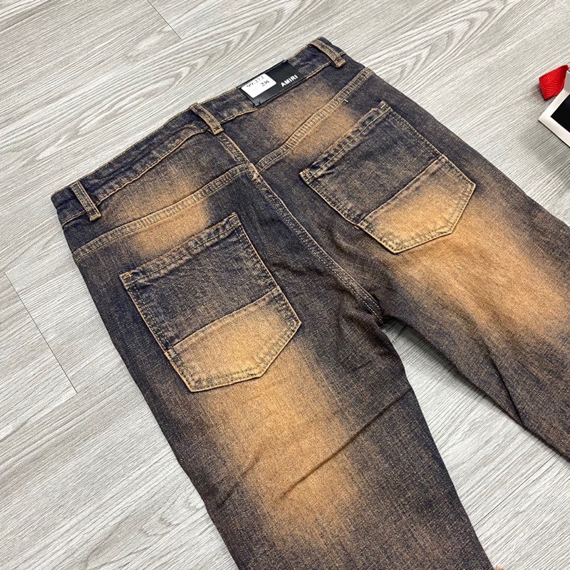 Quần Jean Amiri 4 Cúc Like Au Màu Nâu Đất Tua Vàng Lót Da,Quần bò Amiri vá da nhăn cứng 4 khuy chất Boy phố