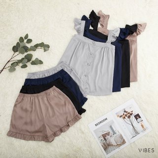 VIBES Đồ bộ 2 dây cánh tiên Lụa trơn cao cấp Ruffle Straps Set