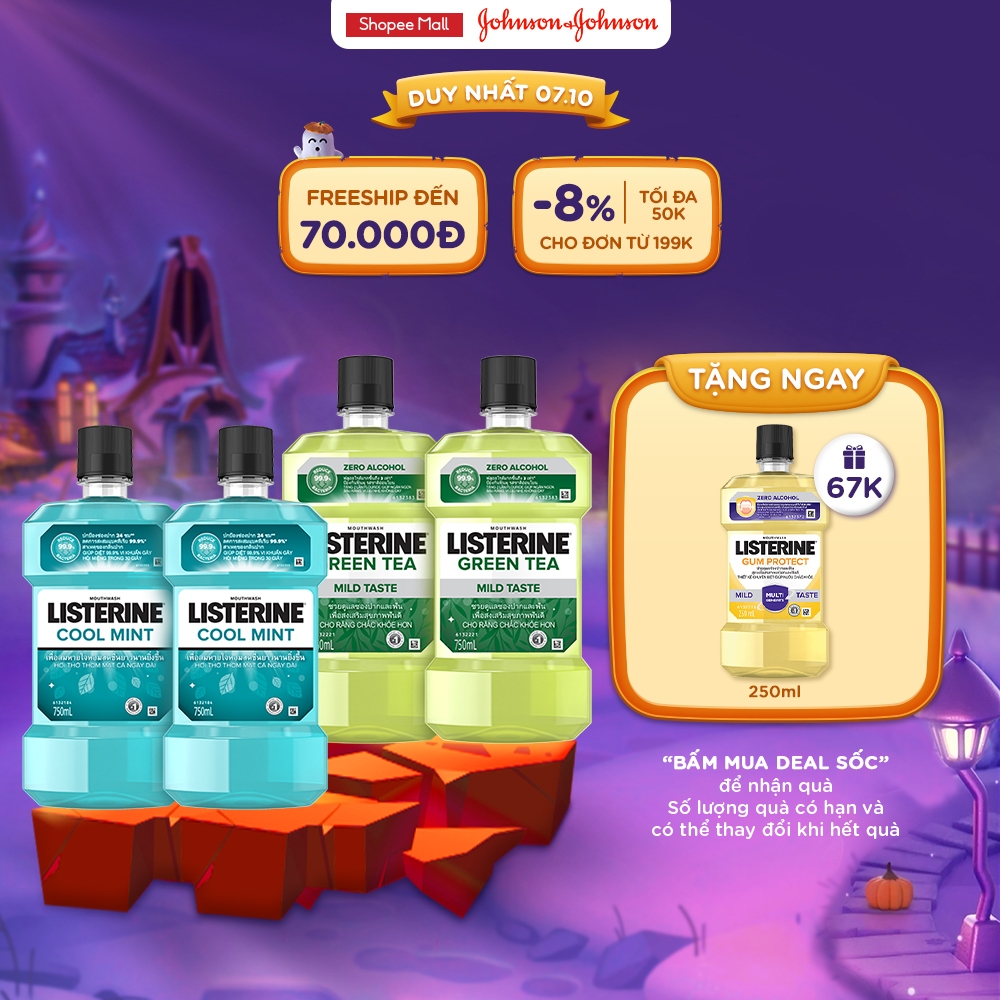 Bộ 2 Nước Súc Miệng Listerine Ngừa Sâu Răng Green Tea 500ml + 2 Nước Súc Miệng Diệt Khuẩn Listerine Cool Mint 500ml