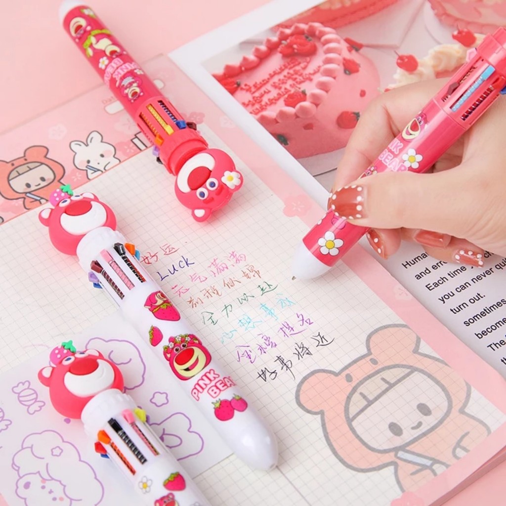 Bút Bi Bấm 10 Màu Ngòi 0.5mm Hình Gấu Dâu Dễ Thương
