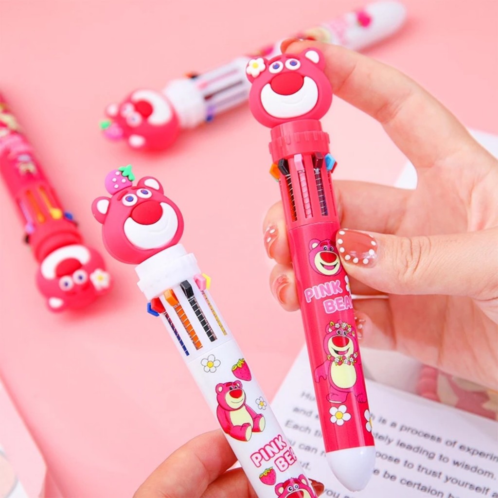 Bút Bi Bấm 10 Màu Ngòi 0.5mm Hình Gấu Dâu Dễ Thương